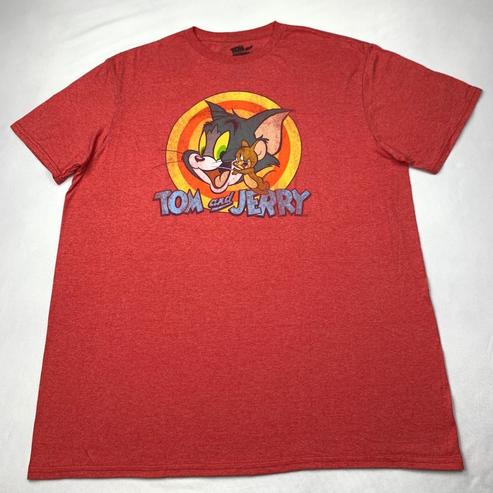 Tom and Jerry Mens Graphic T-Shirt Red Heather Cartoon Retro Short Sleeve Large
